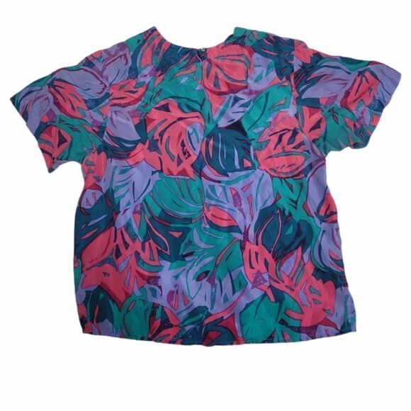 VINTAGE 80s/90s blouse multicolor silk abstract‎ leaf top M - Picture 2 of 8